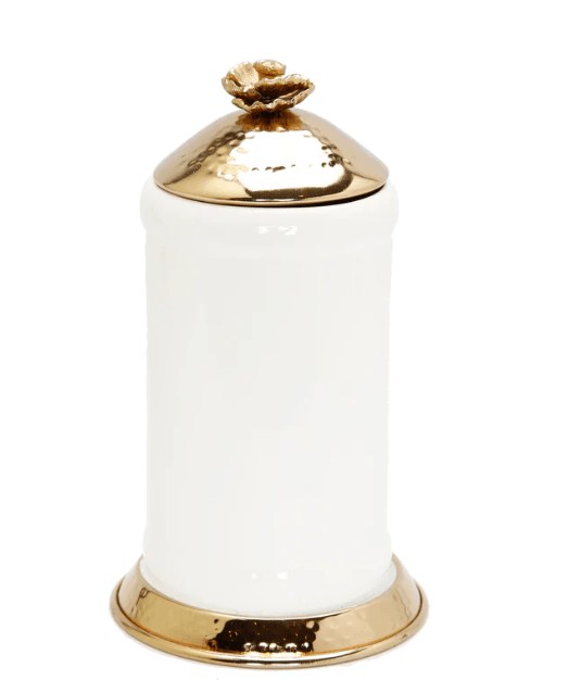Classic Touch Canisters Medium White Glass Canister Gold Hammered Lid and Base Flower Knob, 10"H