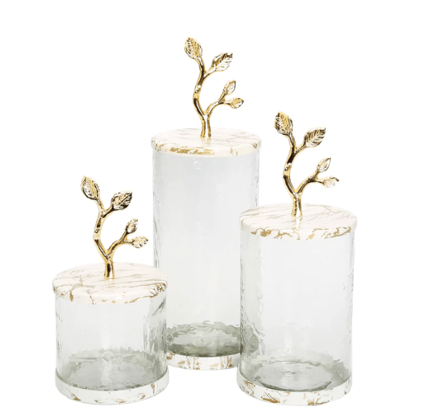 Classic Touch Canisters Short Glass Canister with White/Gold Marble Lid and Leaf Handle