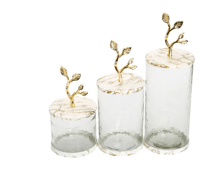 Classic Touch Canisters Short Glass Canister with White/Gold Marble Lid and Leaf Handle