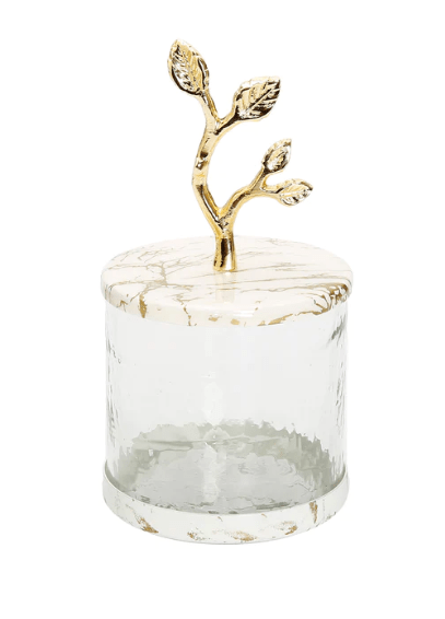 Classic Touch Canisters Short Glass Canister with White/Gold Marble Lid and Leaf Handle