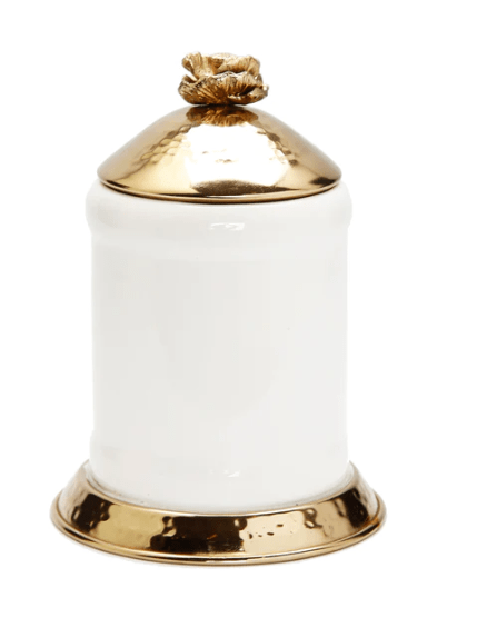 Classic Touch Canisters Small White Glass Canister Gold Hammered Lid and Base Flower Knob, 8"H