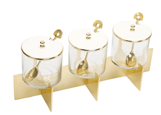Classic Touch Canisters Three Glass Canister Set White Lids Gold Block Base