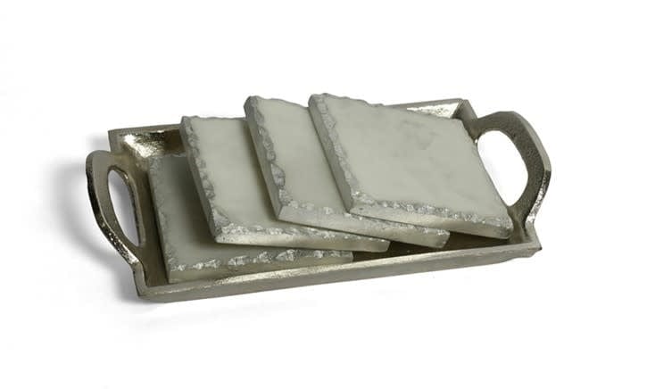 Classic Touch Coasters Set of 4 Marble Coasters with Tray - Silver