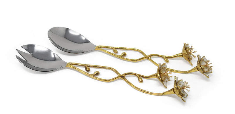 CLASSIC TOUCH DECOR INC. Gold Salad Server Set with Large White Enamel Flowers
