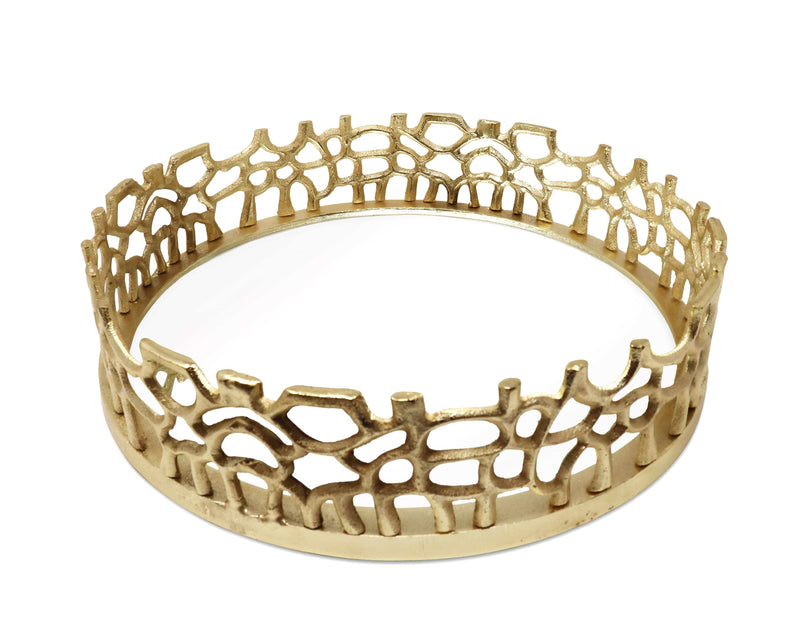 CLASSIC TOUCH DECOR INC. Round Gold Mirror Tray with Lace Design, 12"D