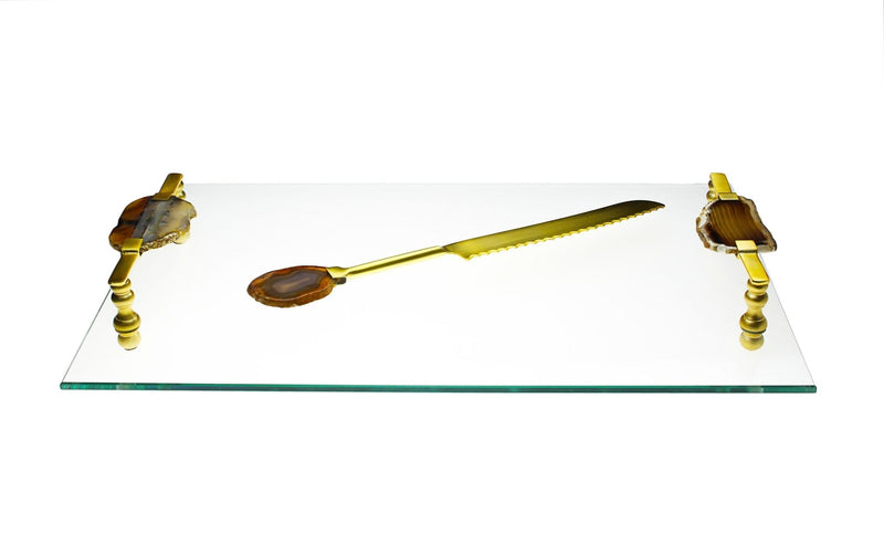 Classic Touch Glass Challah/Cheese Board with Agate Stone Handles and knife