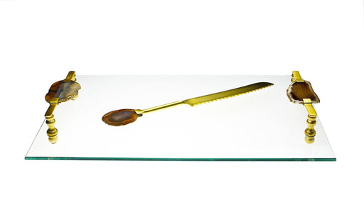 Classic Touch Glass Challah/Cheese Board with Agate Stone Handles and knife