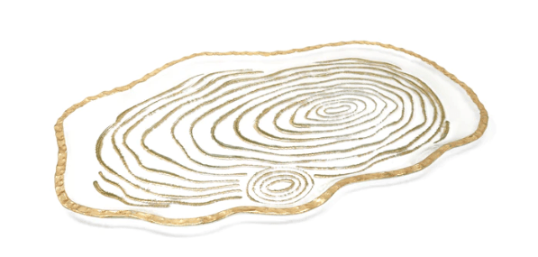 Classic Touch Glass Oval Tray With Gold Grained Design