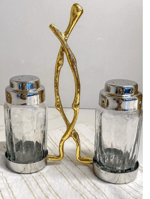 Classic Touch Glass Salt and Pepper Set with Gold Twig Design - 4"L x 2"W x 7.5"H