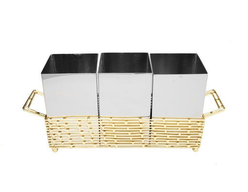 Classic Touch Gold Brick Design Cutlery Holder with Hammered Stainless Inserts