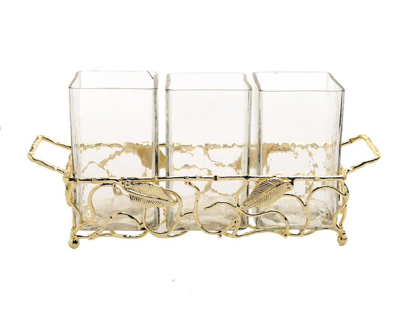 Classic Touch Gold Leaf Cutlery Holder with Hammered Glass Inserts