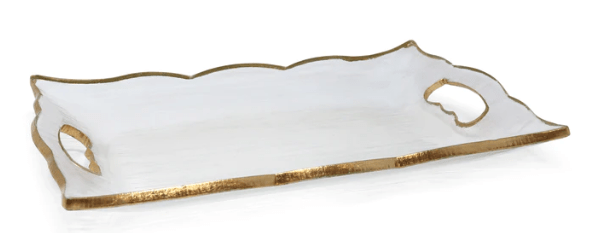 Classic Touch Rectangular Glass Tray With Handles And Gold Scalloped Rim