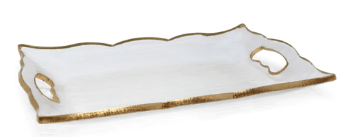 Classic Touch Rectangular Glass Tray With Handles And Gold Scalloped Rim