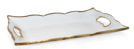 Classic Touch Rectangular Glass Tray With Handles And Gold Scalloped Rim