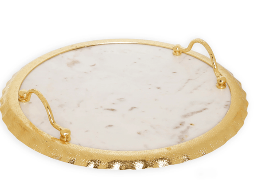 Classic Touch Round Marble Tray with Gold Edge and Handles