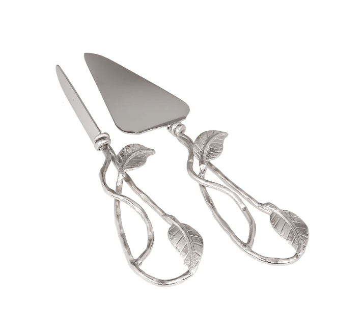 Classic Touch Set Of 2 Nickel Cake Servers With Leaf Design - 13.75"L