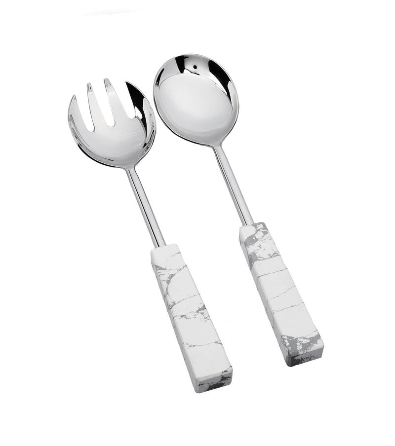 Classic Touch Set of 2 Stainless Steel Salad Servers with White and Grey Stone Handles