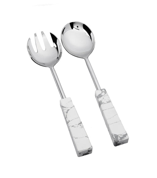 Classic Touch Set of 2 Stainless Steel Salad Servers with White and Grey Stone Handles