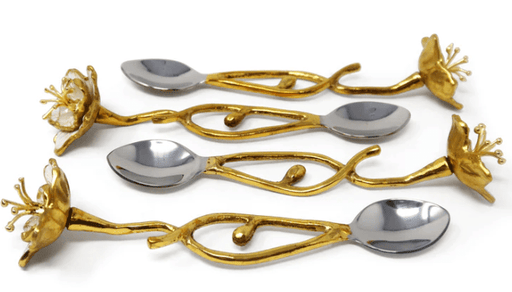 Classic Touch Set of 4 Gold Dessert Spoons with White Enamel Flowers