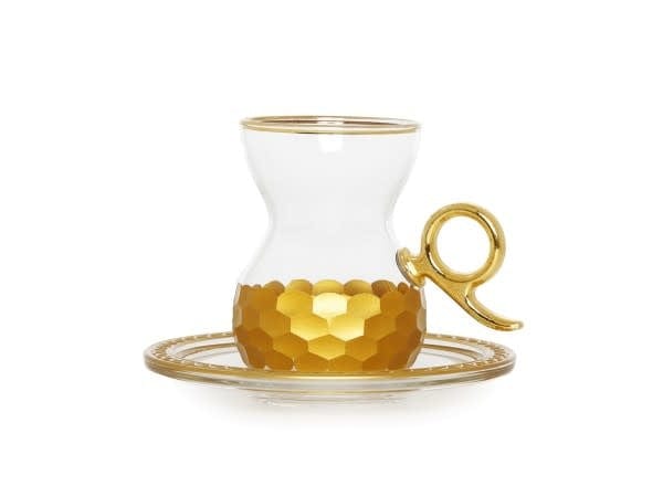 Classic Touch Set of 6 Tea Glasses with Handle and Saucers with Gold Hammered Design
