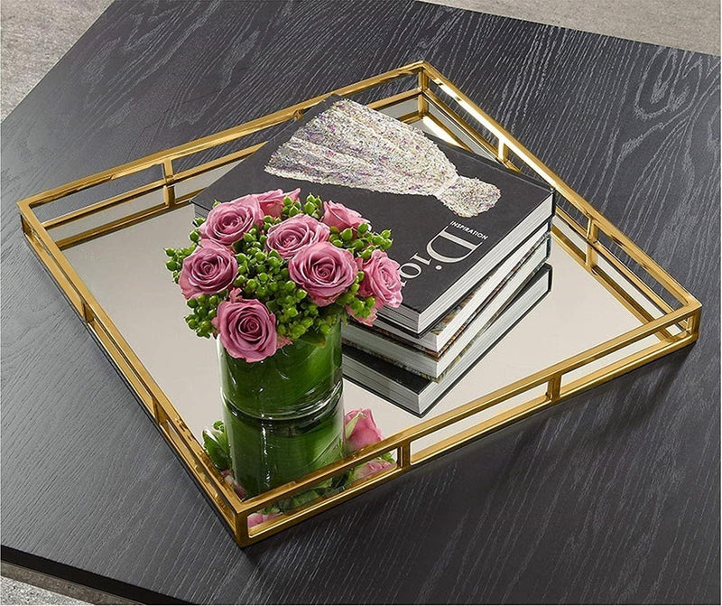 Classic Touch SQUARE MIRROR TRAY-GOLD