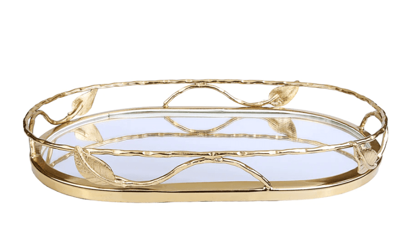 Classic Touch Trays Oval Shaped Mirror Tray with Gold Leaf Design