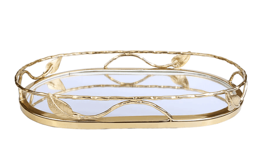 Classic Touch Trays Oval Shaped Mirror Tray with Gold Leaf Design