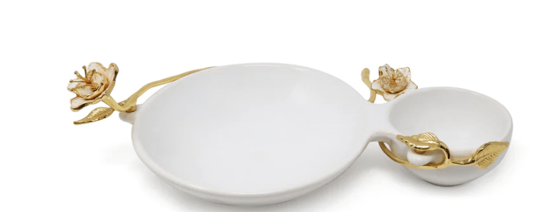 Classic Touch Trays Porcelain 2 Sectional Tray with Gold Flower Detail