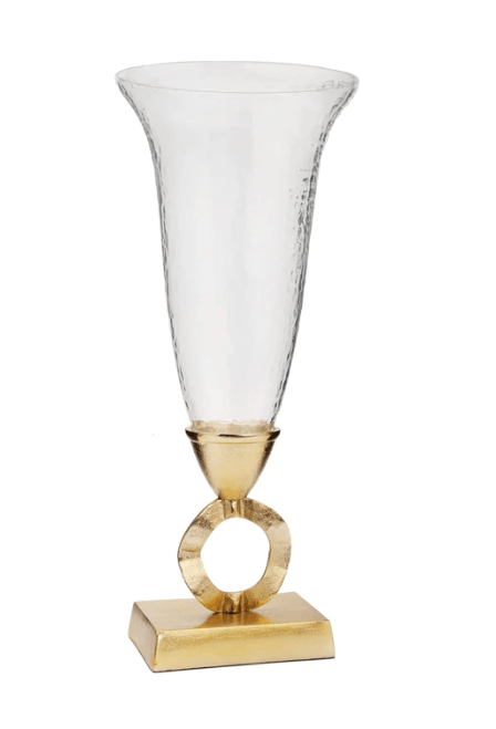 Classic Touch Vases 7.5"D Hammered Glass Vase with Gold Brass Loop Stem