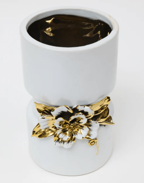 Classic Touch Vases 9.5" White Vase gold center and white and Gold Flowers