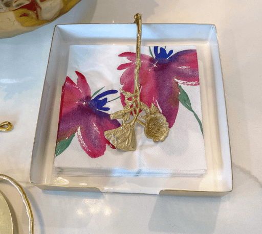 Classic Touch White and Gold Square Napkin Holder with Gold Flower Design
