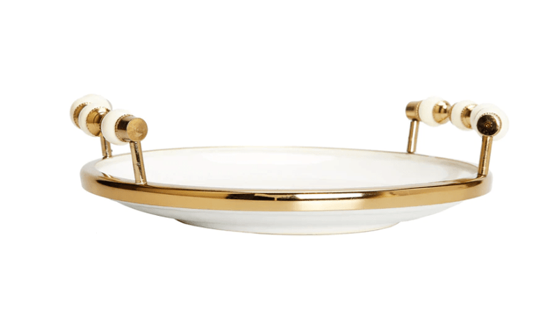 Classic Touch White Flat Round Plate with Gold and White Beaded Design