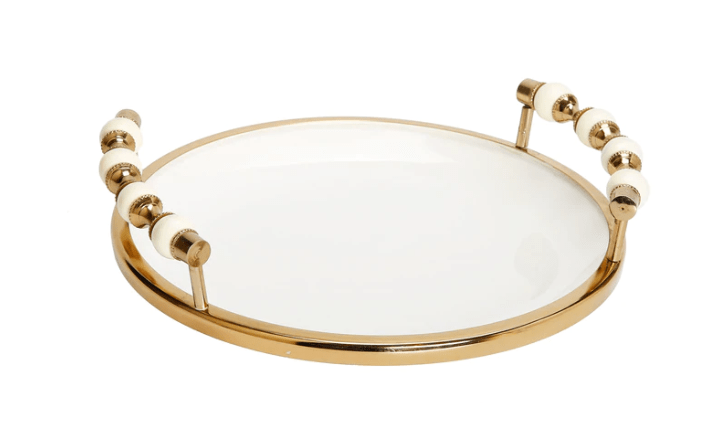 Classic Touch White Flat Round Plate with Gold and White Beaded Design