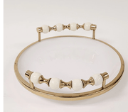 Classic Touch White Flat Round Plate with Gold and White Beaded Design