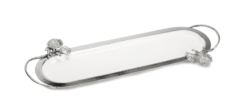 Classic Touch White Oval Tray with Silver Flower Detail