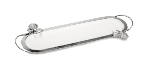 Classic Touch White Oval Tray with Silver Flower Detail