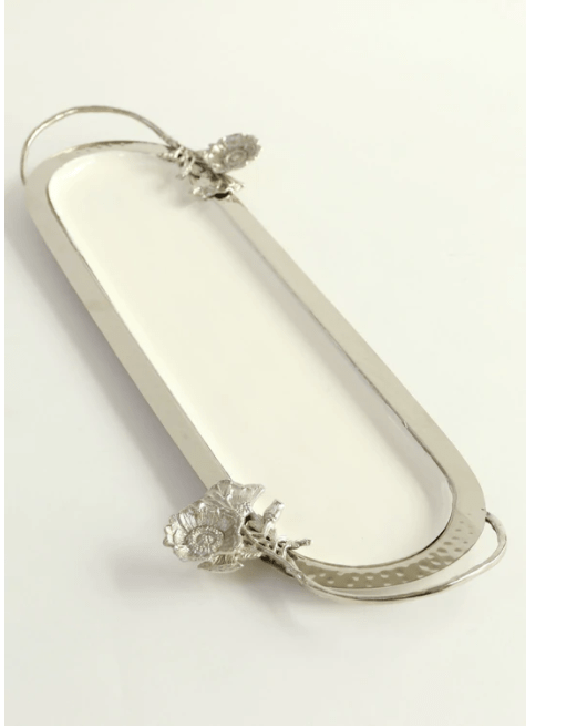 Classic Touch White Oval Tray with Silver Flower Detail