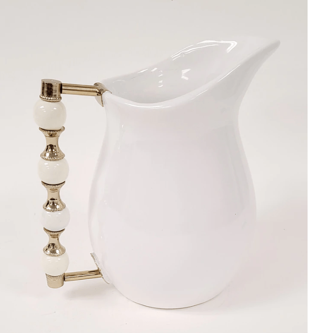 Classic Touch White Pitcher with White and Gold Beaded Handle