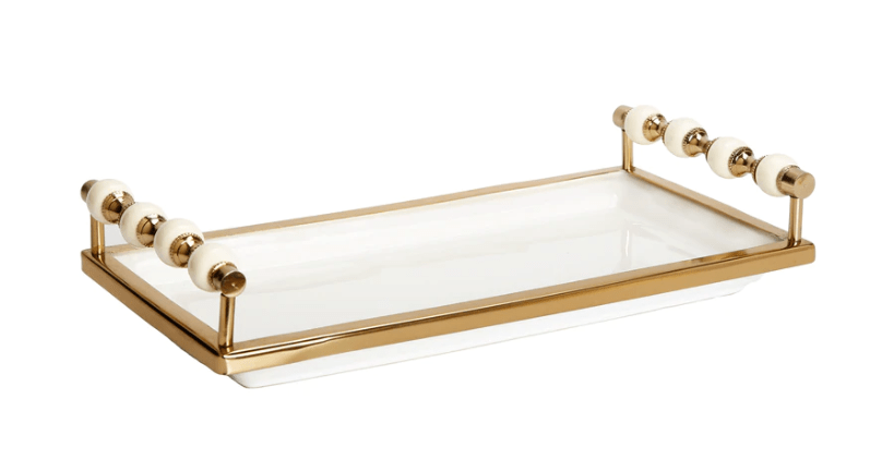 Classic Touch White Rectangular Tray with White and Gold beaded Handles