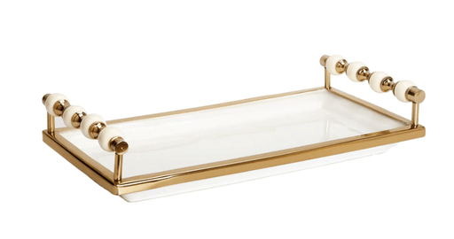 Classic Touch White Rectangular Tray with White and Gold beaded Handles