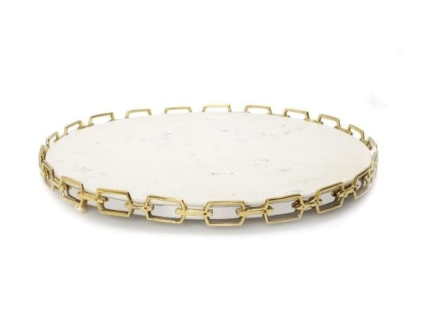 Classic Touch White Round Platter with Gold Chain Edge