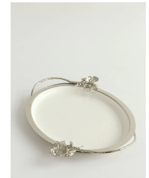 Classic Touch White Tray with Silver Flower Detail