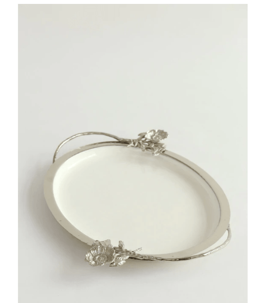Classic Touch White Tray with Silver Flower Detail
