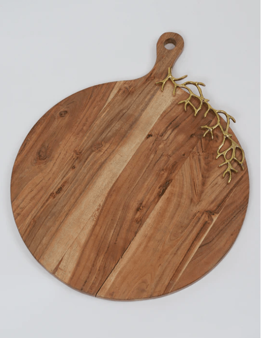 Classic Touch Wood Charcuterie Board Coral Design 15" Round with 4" Handle