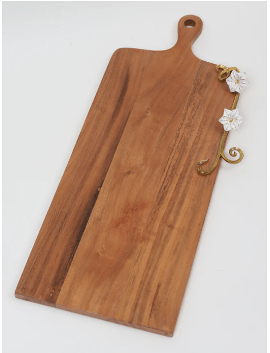 Classic Touch Wood Charcuterie Board Gold Flower Design with Handle flat base 24x9
