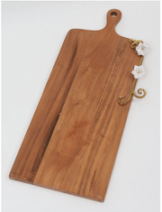 Classic Touch Wood Charcuterie Board Gold Flower Design with Handle flat base 24x9