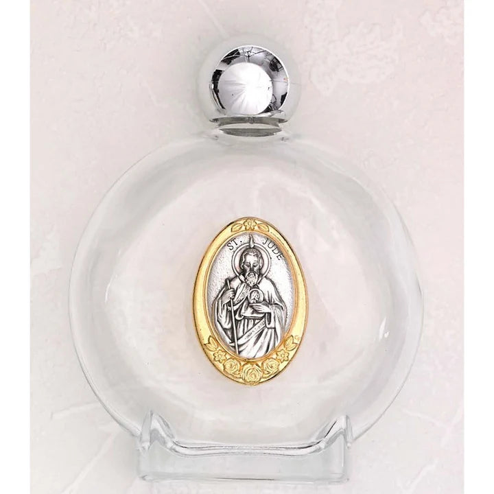 Large 4 oz Saint Jude Glass Holy Water Bottle with Two Tone Medal