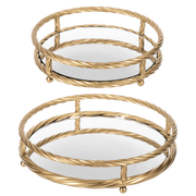 Ganz Trays Round Gold Twisted Frame Tray with Mirror Inlay (2 pc. set)