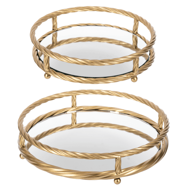 Ganz Trays Round Gold Twisted Frame Tray with Mirror Inlay (2 pc. set)