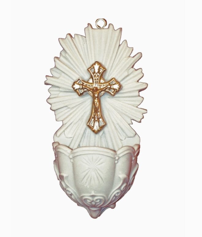 Goldscheider of Vienna Crucifixion Font in White with Gold Highlights 5"